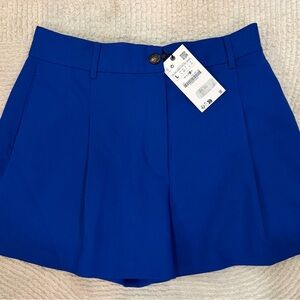 Zara Bright Blue Pleated High-Waist Shorts
